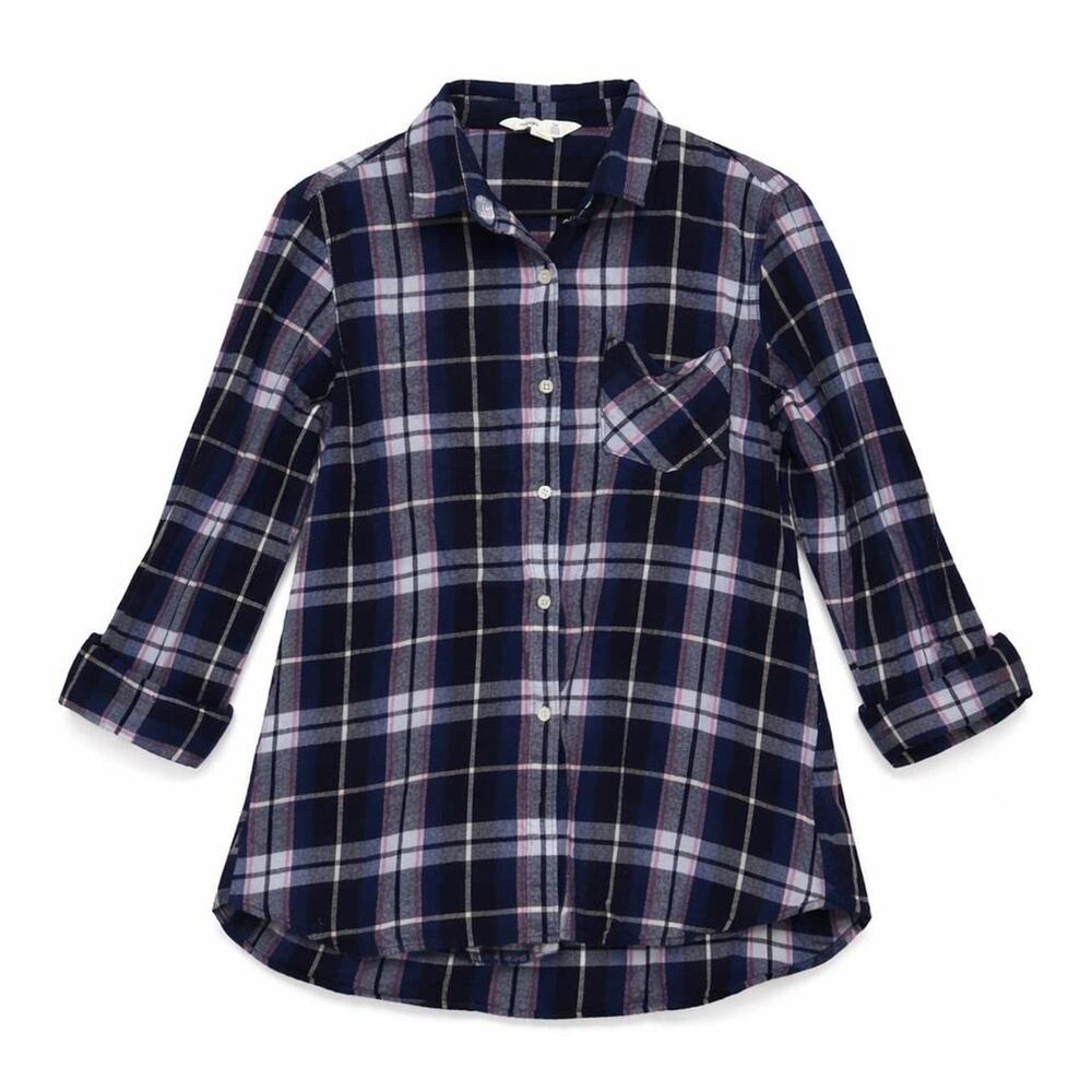 Cabincore Flannel Plaid Tunic Shirt Soft Navy Cozy Sportif Pattern